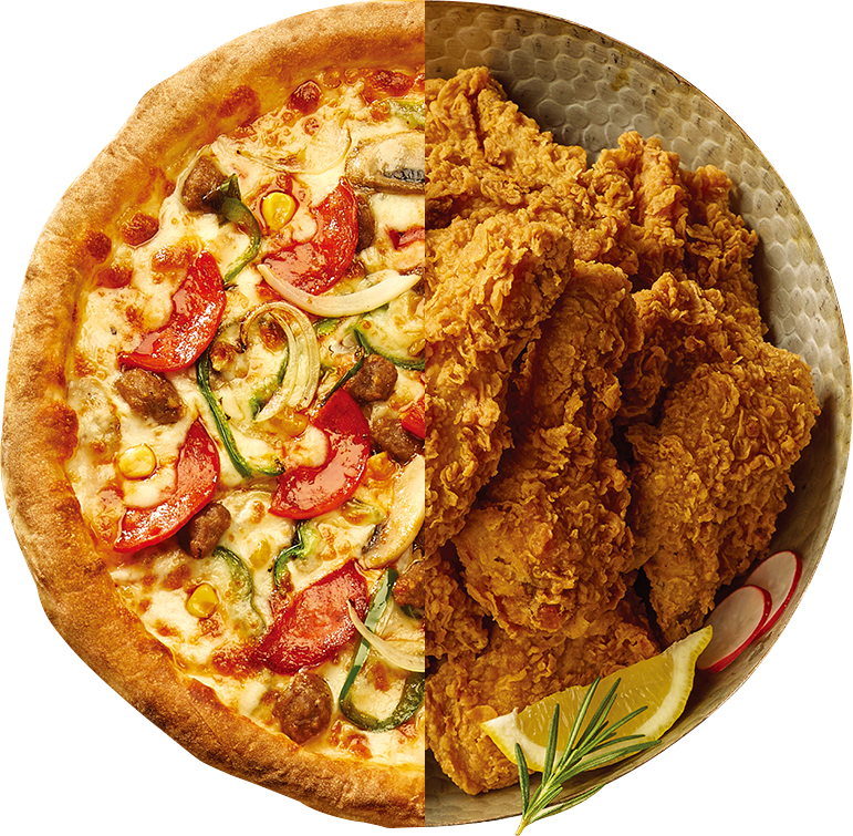 Pizza and chicken at once Pizza and chicken at once